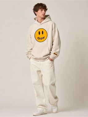 Drew House Cream Hoodie with Yellow Smiley Graphic
